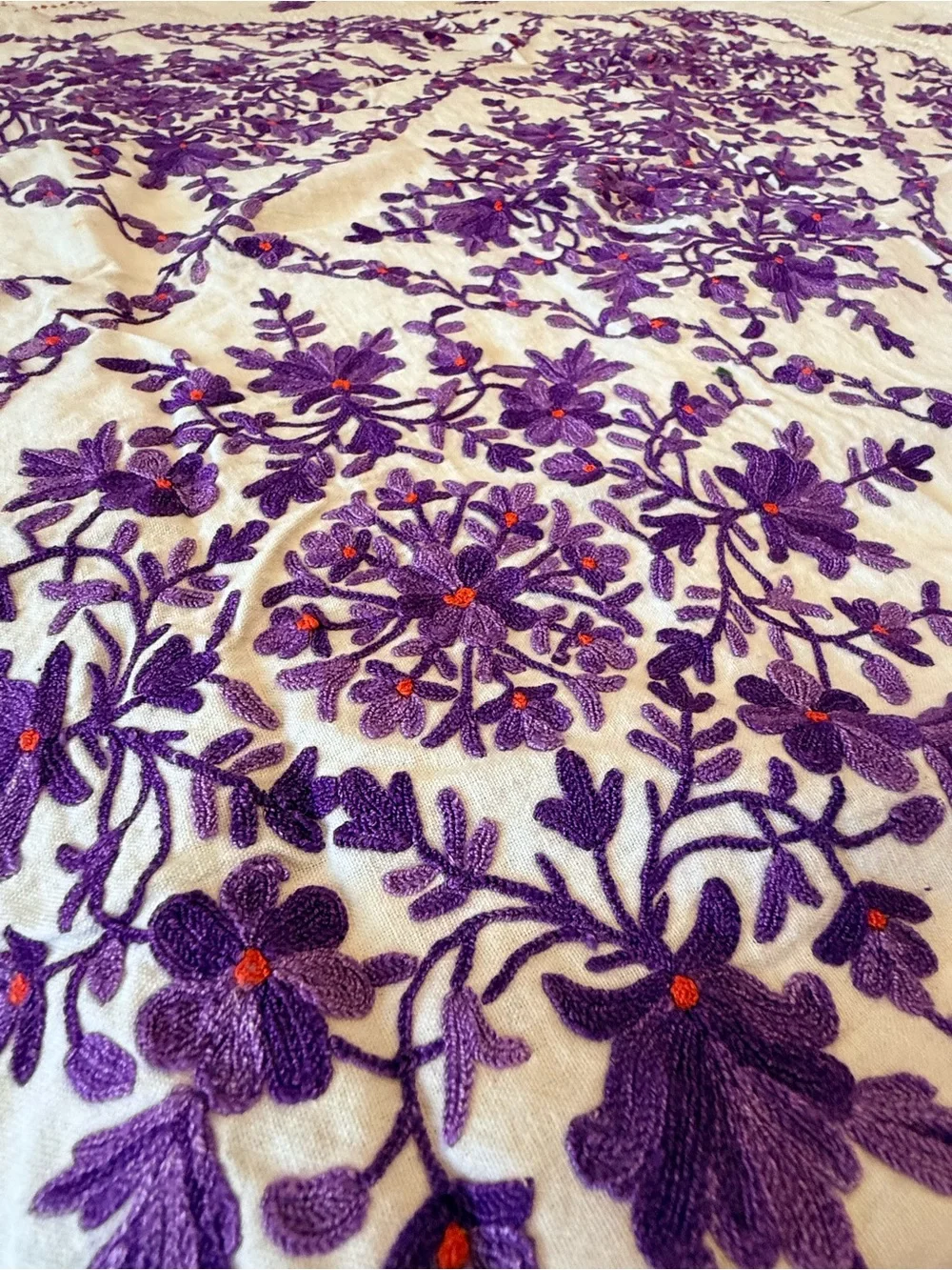Embroidered Cream Table Linen with Violet Floral Design